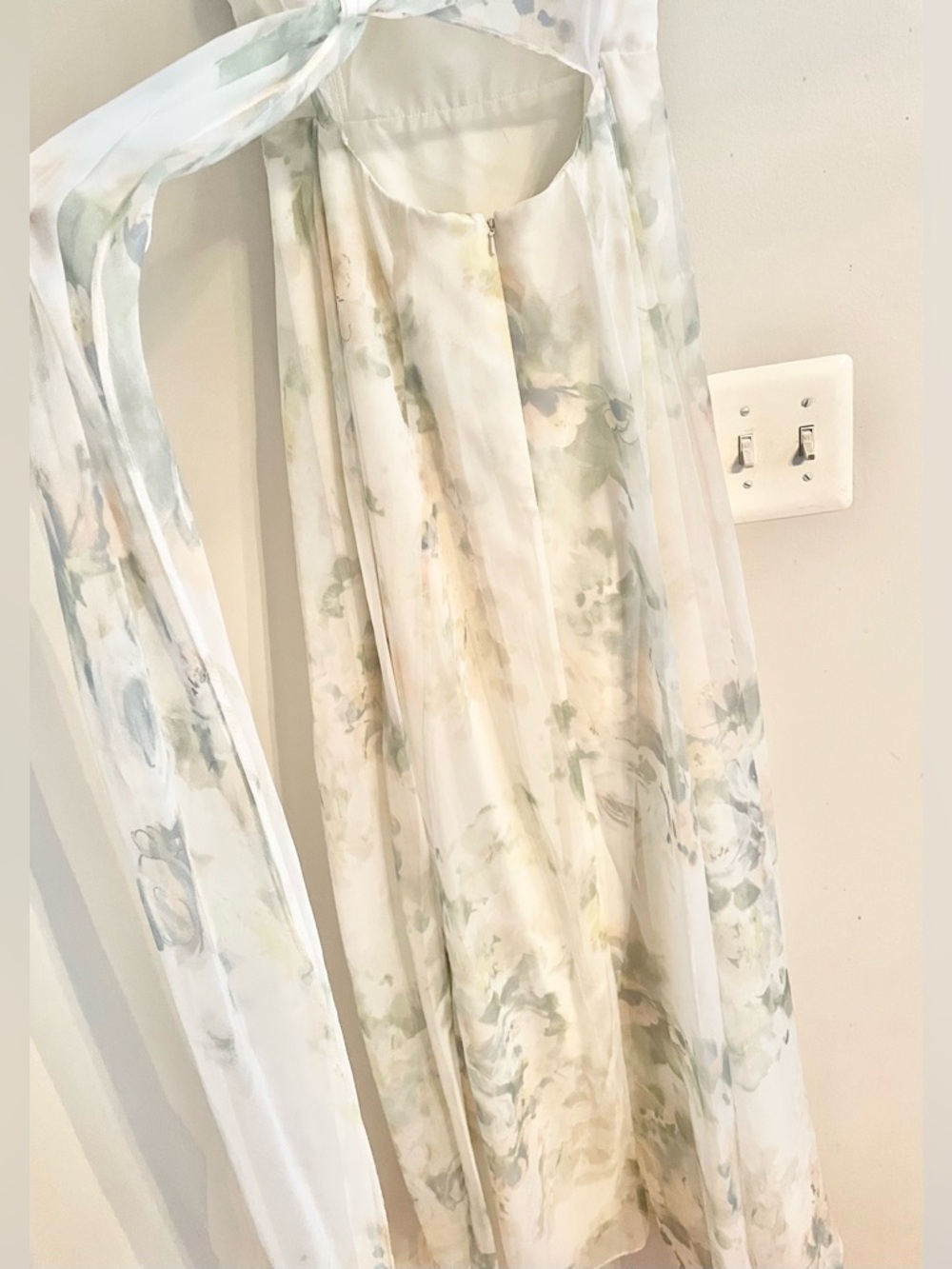 Jenny Yoo Collection Floral Chiffon Maxi Dress Green Cream V-Neck Gown Size 6 - Picture 7 of 15
